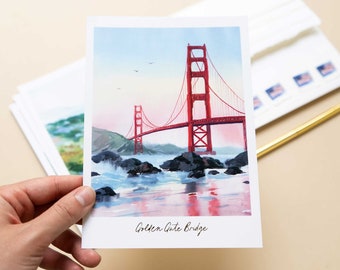 Golden Gate Bridge Postcard: San Francisco Watercolor Art, Gold Foil