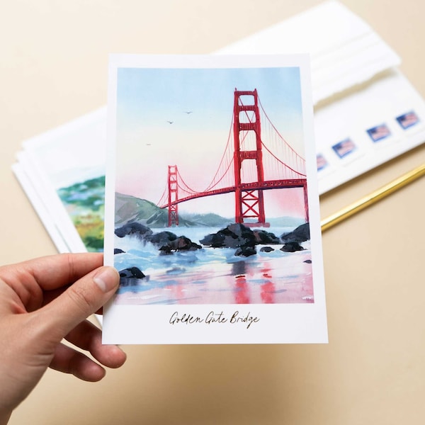 San Francisco Postcard Golden Gate Bridge Postcard Watercolor San Francisco Post Card San Fran Postcard Vintage Postcard San Francisco Art