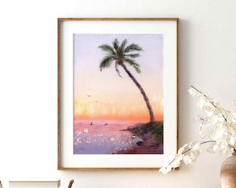 Oahu Sunset Watercolor Print: Hawaii Beach Palm Tree Art