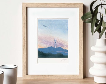 HW San Francisco Art, Sutro Tower Print, Foggy Twin Peaks Watercolor Painting, San Francisco Souvenir, Bay Area Gift, Wall Decor 8x10