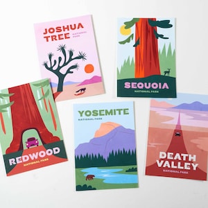 Cartões postais de parques nacionais, conjunto de 5 cartões postais da Califórnia, cartões de arte pop, cartões de lembrança de parques da Califórnia, cartão postal de Yosemite, cartão Joshua Tree