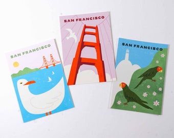 San Francisco Postcard Set: Golden Gate Bridge, Parrots, Seagull Art