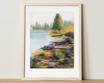 Autumn Wall Art Tahoe Lake Watercolor Print Autumn Art Farmhouse Print Northern California Landscape Lake House Art Peaceful Painting