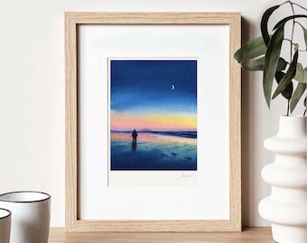 Ocean Sunset Print Watercolor Beach Painting Deep Blue Art Print Ocean Wall Art Seaside Painting Sunset Beach Wall Art Small Print Nature