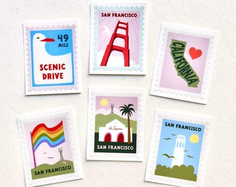 San Francisco Stamp Stickers, Golden Gate, Pride, California Set of 6