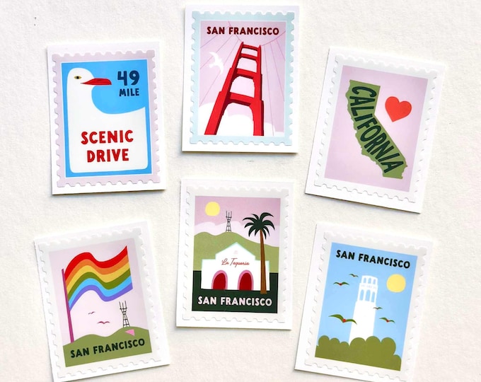 San Francisco Stamp Stickers, Golden Gate, Pride, California Set of 6