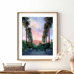 Los Angeles Watercolor Print, Hollywood Sign Wall Art, Los Angeles Painting, California Travel Poster, SoCal Sunset Print, LA Palm Trees art