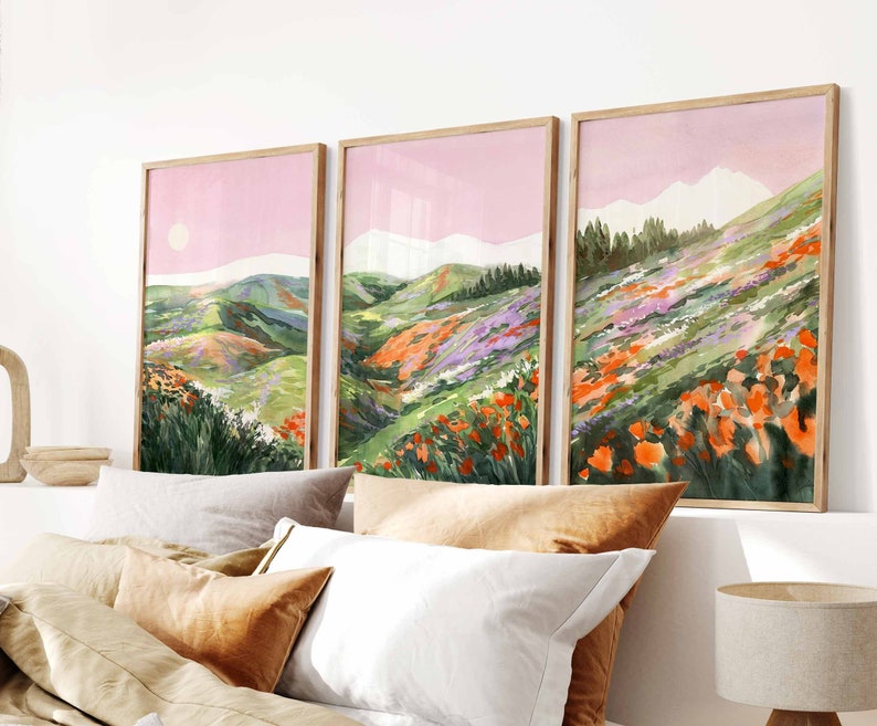 Above Bed Decor Over the Bed Art California Poppy Art Print Set Bedroom Wall Art Over The Bed Wall Art Above Bed Print Panoramic Wall Art