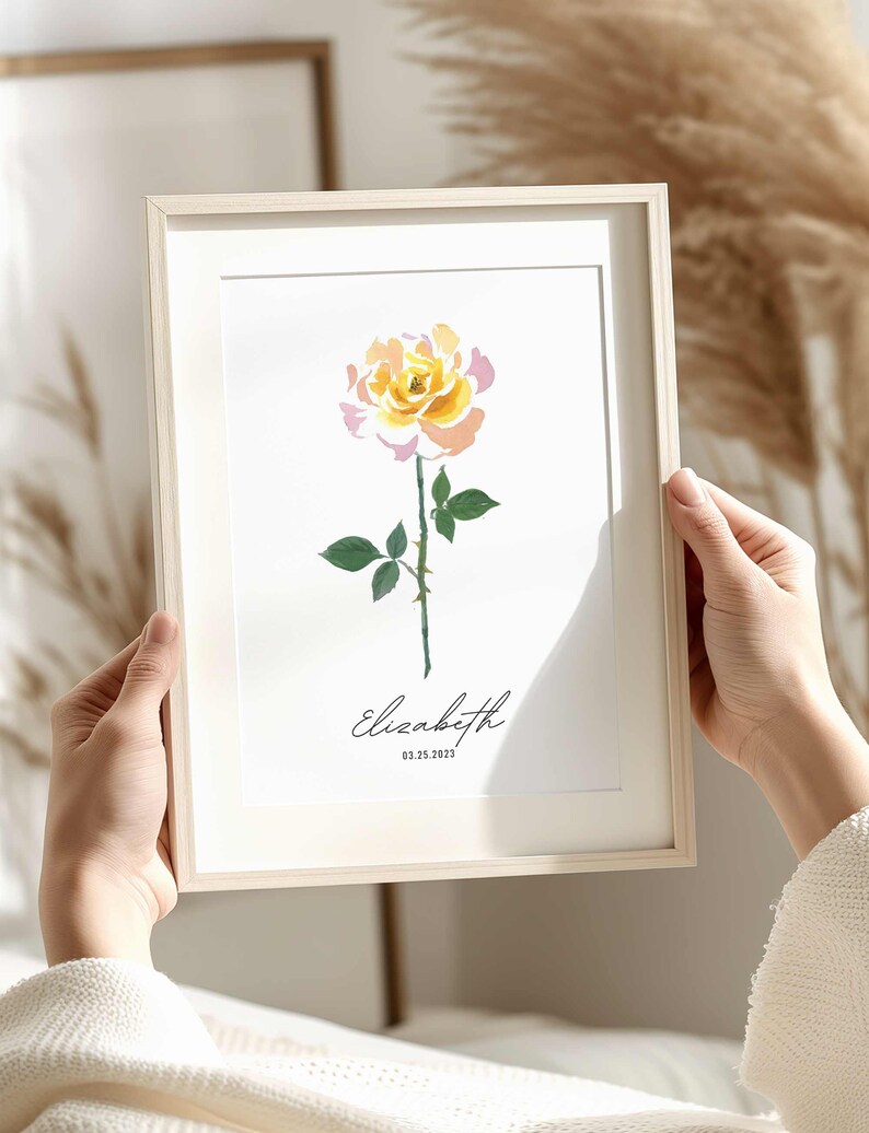 Birth Month Flower Print, Watercolor Rose Art Print, June Birth Flower Wall Art, Personalized Mother's Day Gift, Baby Birthday Month Gift