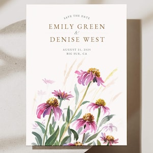 Tarjeta de invitación de boda con flores silvestres, elegante invitación floral para guardar la fecha, tarjeta de jardín de equinácea rosa, boda rústica en acuarela, plantilla editable de Canva