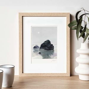 Foggy Beach Watercolor Art Print: Coastal Seaside Wall Decor, 8x10&quot;