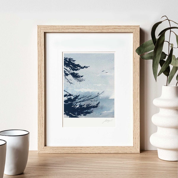 Foggy Beach Print Neutral Ocean Print Foggy Ocean Watercolor Print Beach House Art Seaside Painting Calm Wall Art Watercolor Beach Wall Art