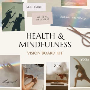 Puede incluir: Un kit de tablero de visión con las palabras "Salud y Mindfulness" y "Kit de tablero de visión". La imagen incluye las palabras "Cuidado personal", "Bienestar mental", "Descansa, relájate y recárgate", "Alineado", "Zen" y "Yoga".