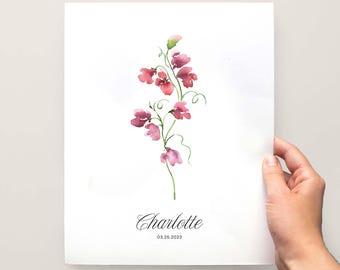 Impresión personalizada de flores de nacimiento: Arte de acuarela de guisantes de olor
