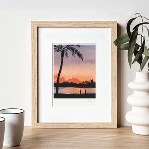 Tropical Sunset Watercolor Art Print, Palm Tree Wall Art 8x10, Peaceful Beach Scene, Minimalist Coastal Decor, Small Nature Art Living Room