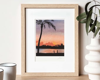 Tropical Sunset Watercolor Art Print: Palm Tree Beach Scene 8x10