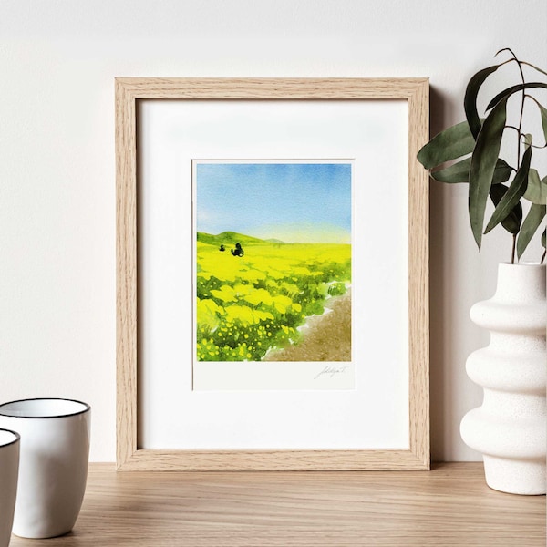 Flower Field Painting Superbloom Small Wall Art Silhouette Print Flower Field Painting Yellow Flower Landscape Wall Decor California