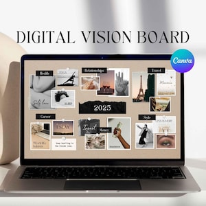Kit de tablero de visión digital 2025, plantilla de tablero de visión de Canva, plantilla de arrastrar y soltar con imágenes estéticas, tablero de estado de ánimo digital editable en Canva