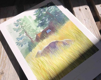 Original Watercolor Forest Painting Rustic Landscape Watercolor Original Wall Art Grassy Field Watercolor Plein Air Nature Painting Forest