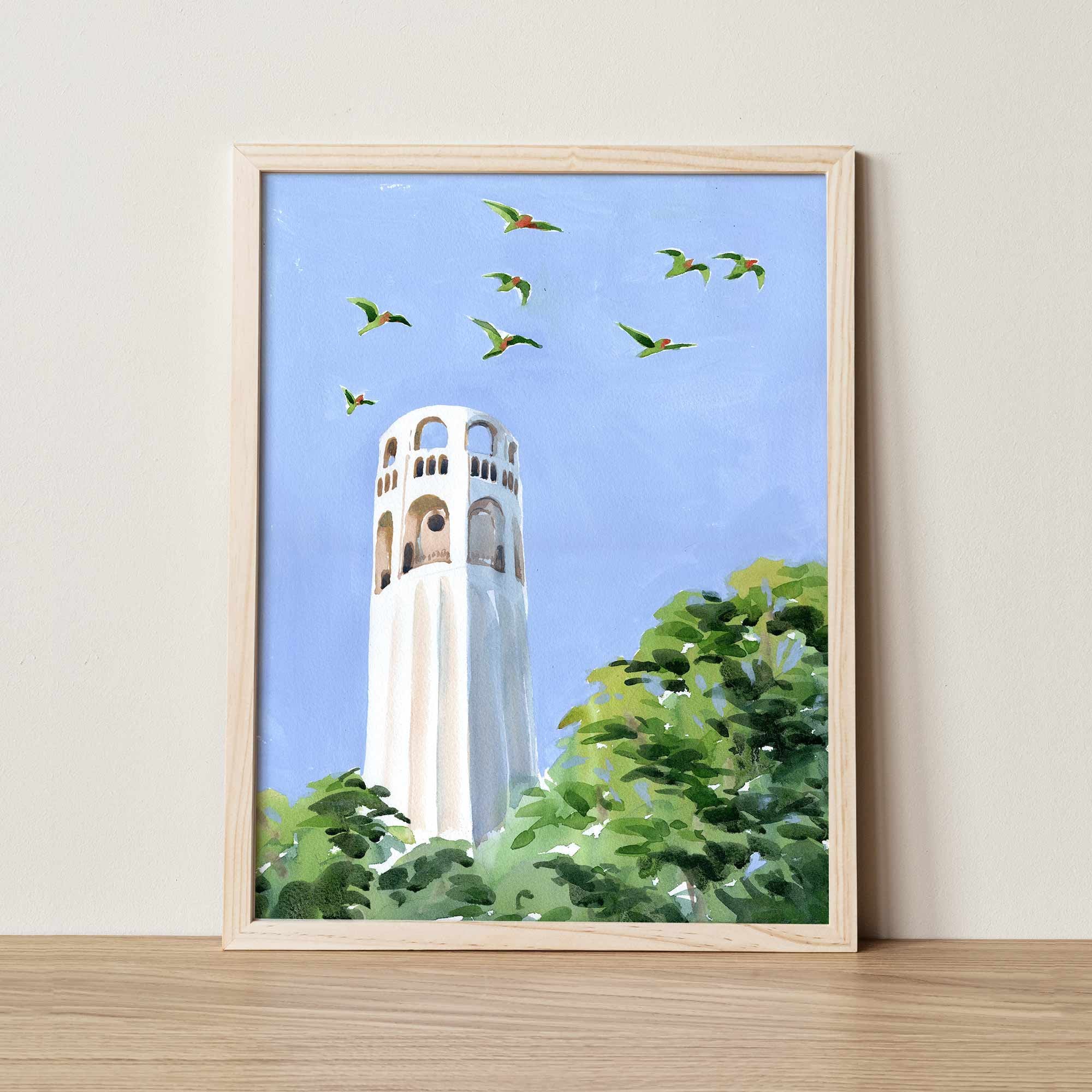 Parrots of San Francisco Art Print, Coit Tower Watercolor Print, San Francisco Gift, Local SF Artist, California Travel Poster, Bay Area Art