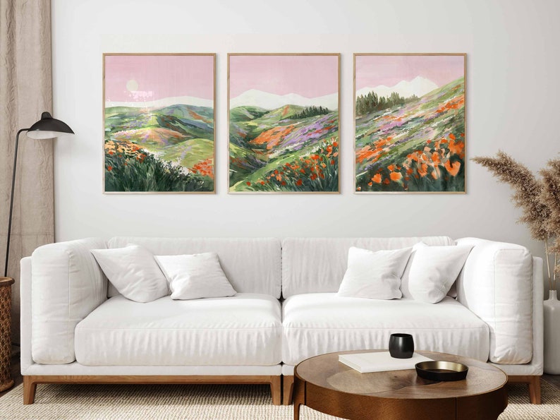 Above Couch Decor Over the Bed Art California Poppy Art Print Set Couch Wall Art Over The Bed Wall Art Above Couch Print Panoramic Wall Art