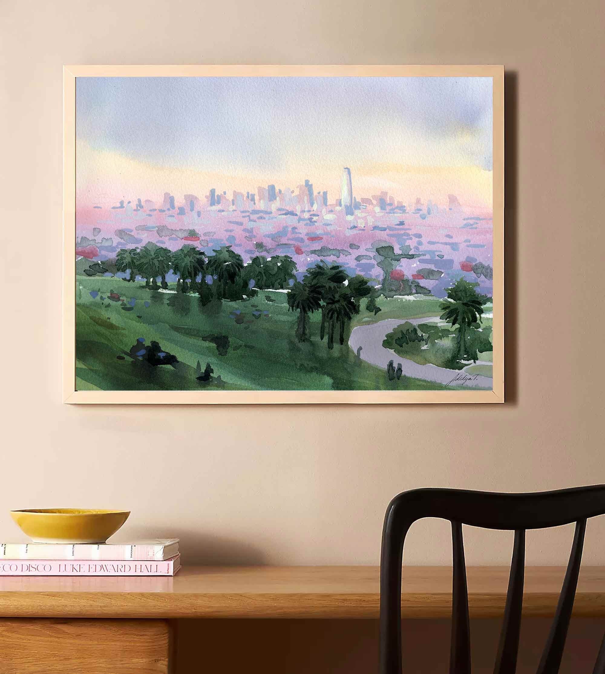 Dolores Park Watercolor Print: San Francisco Skyline Art