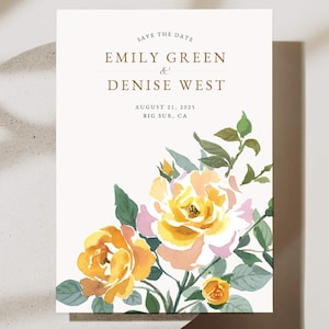 Tarjeta de invitación de boda con diseño atemporal, invitación de boda con jardín de rosas amarillas, elegante tarjeta de boda con flores, diseño romántico, plantilla editable de Canva