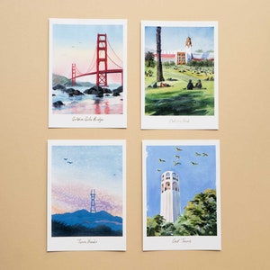 San Francisco Postcard Set of 4 Premium Watercolor Travel Postcard San Francisco Painting Golden Gate Bridge Postcard Pack San Francisco Art