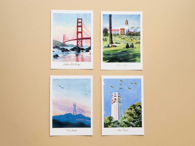 San Francisco Postcard Set of 4 Premium Watercolor Travel Postcard San Francisco Painting Golden Gate Bridge Postcard Pack San Francisco Art