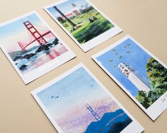 San Francisco Watercolor Postcard Set: Golden Gate, Coit Tower (Set of 4)