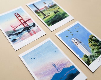 San Francisco Postcard Set of 4 Premium Watercolor Travel Postcard San Francisco Painting Golden Gate Bridge Postcard Pack San Francisco Art