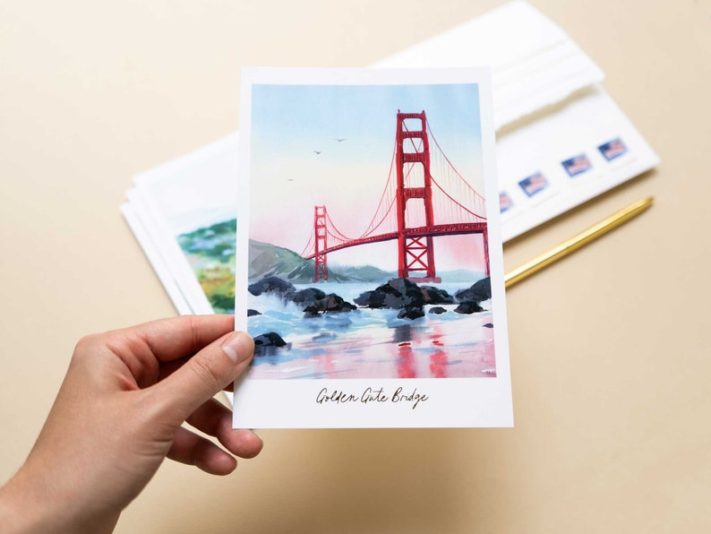 San Francisco Postcard Set of 4 Premium Watercolor Travel Postcard San Francisco Painting Golden Gate Bridge Postcard Pack San Francisco Art