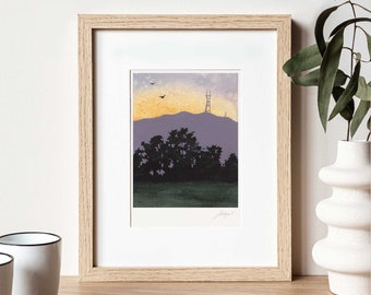 San Francisco Art Twin Peaks Sunset Watercolor Mini Print Scenic Painting Sutro Tower Wall Decor Silhouette Art Mountain View Painting