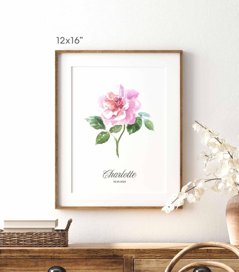 Birth Month Flower Print, Watercolor Rose Art Print, June Birth Flower Wall Art, Personalized Mother's Day Gift, Baby Birthday Month Gift