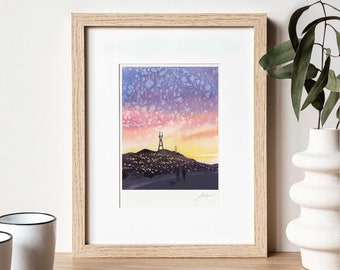 San Francisco Art Twin Peaks Painting Watercolor Print Sutro Tower Art Print Sunset Sky Wall Decor California Gift Purple Sky Mountain Art