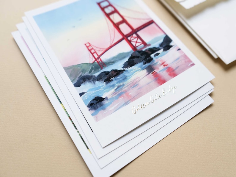 San Francisco Postcard Set of 4 Premium Watercolor Travel Postcard San Francisco Painting Golden Gate Bridge Postcard Pack San Francisco Art