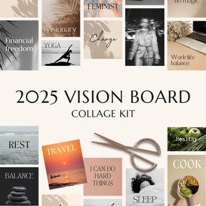 Kit imprimible de tablero de visión 2025, tablero de estado de ánimo, paquete de collage motivacional, imágenes de tablero de visión, establecimiento de objetivos imprimible, kit de manifestación de bricolaje