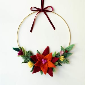 Handmade Felt Wreath, Poinsettia Holiday Wreath, Custom Christmas Decor, Festive Winter Wreath, Unique Christmas Gift, Rustic Holiday Decor