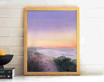 Coastal Wall Art Beach Watercolor Art Sunset Beach Wall Art Landscape Painting Watercolor Print Calming Art Purple Sky Watercolor Poster