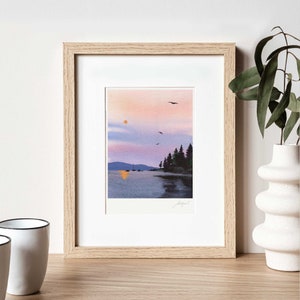 Lake Tahoe Sunset Watercolor Print: Purple Lake House Decor (8x10)