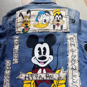 Mickey Inspired Hand Painted Denim Jacket, Size 10 Kids Wearable Art, Handmade Patch Detail One-of-a-Kind Jacket