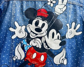 Handbeschilderd Disney-spijkerjack, klassieke Mickey & Minnie met strass-steentjes, upcycled spijkerjack, Disney-fan cadeau, maat Large