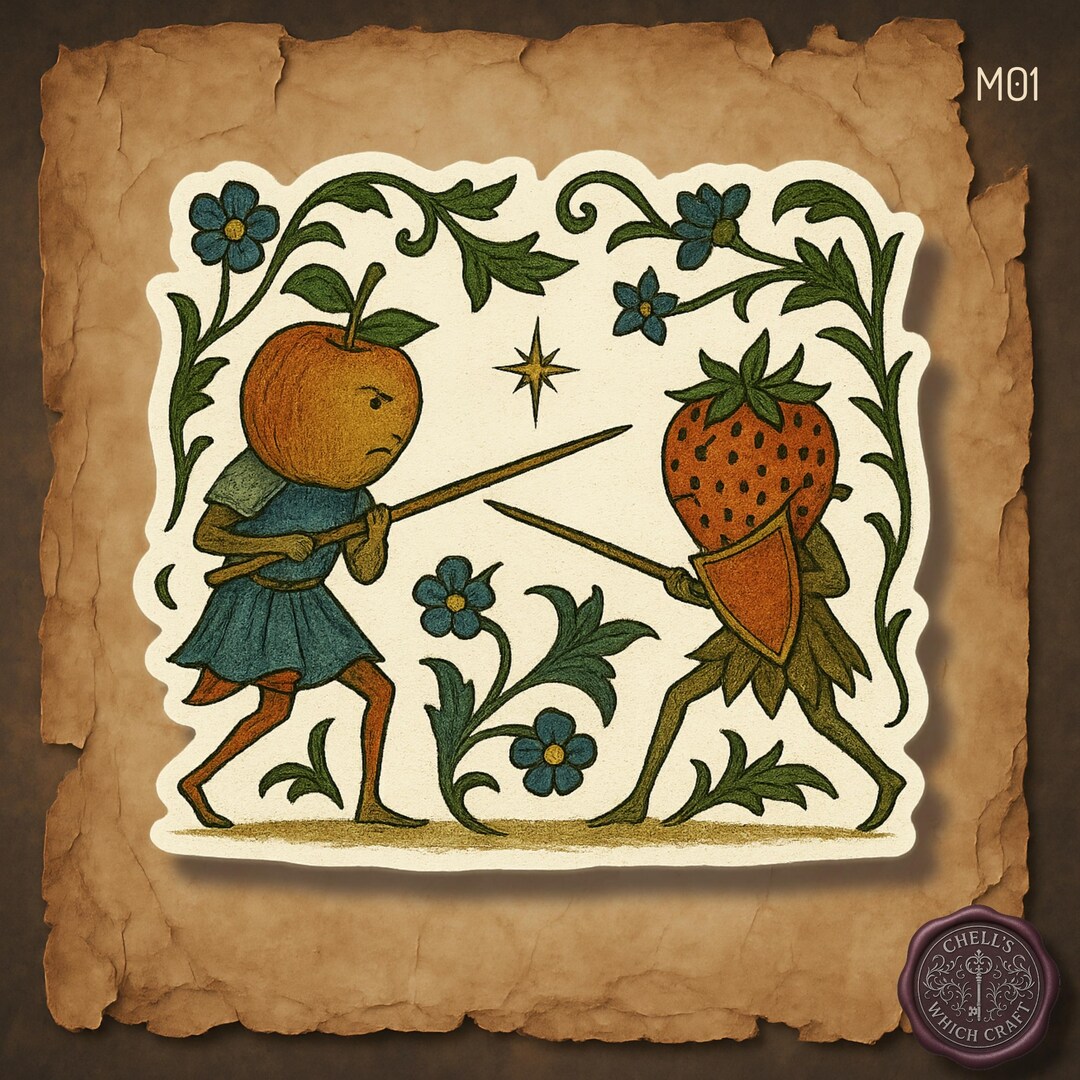 Medieval Fruit Duel Sticker, Funny Illuminated Manuscript, Apple Vs ...