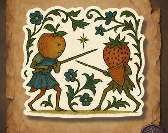 Pegatina de duelo de frutas medieval, manuscrito iluminado divertido, caballero de la manzana contra la fresa, ilustración de fantasía botánica, marginalia medieval