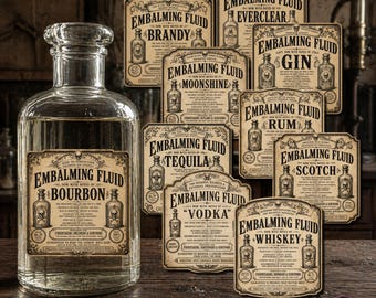 Funny Embalming Fluid Booze Sticker Set, Gothic Apothecary Stickers, Dark Humor Alcohol Bar Mortuary Decor