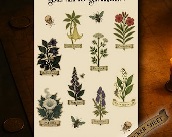Poisonous Plant Sticker Sheet, Gothic Botanical Stickers, Deadly Flowers & Herbs, Witchy Herbarium, Dark Cottagecore Art, Venefic Garden