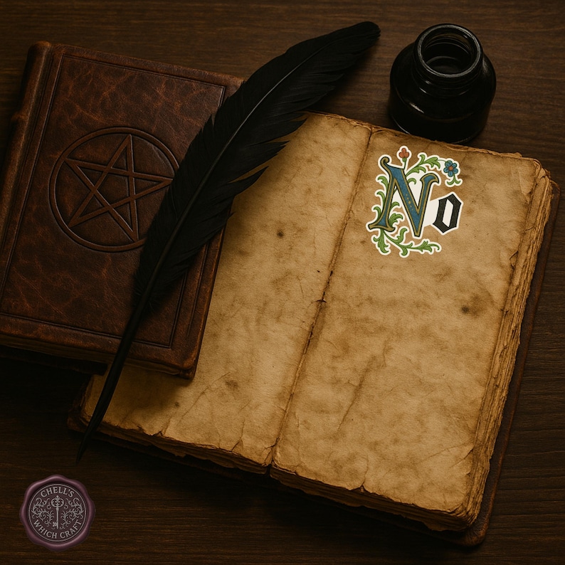 May include: An open antique book with aged pages, a black feather, and an inkwell. A leather-bound book with a pentagram is visible. The open book has a decorative floral design with the letters "No". The scene is set on a dark wooden surface.