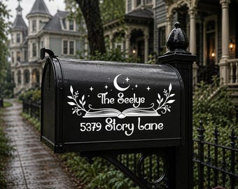 Personalized Book & Moon Decal, Custom Mailbox Front Door Library Pantry or Shed Sign, Bookish Name and Custom Text Sticker