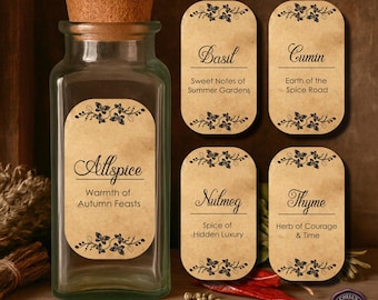 Victorian Spice Jar Labels, Rustic Apothecary Kitchen Labels, Pantry Organization Stickers, Vintage Parchment Style