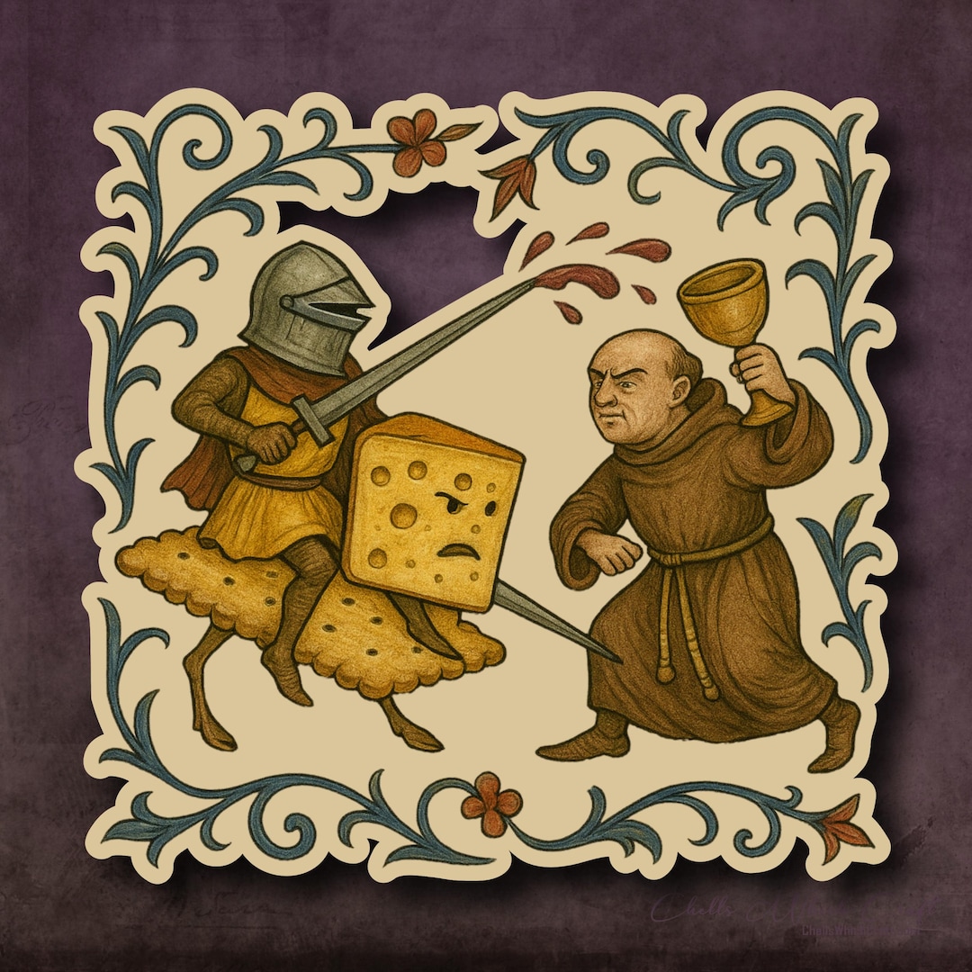 Medieval Sticker – Marginalia Art – Funny Cheese Knight Vs Wine Monk ...